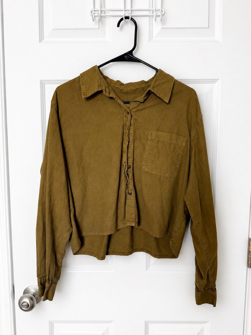 Relaxed Olive Green Button-Front Crop Shirt